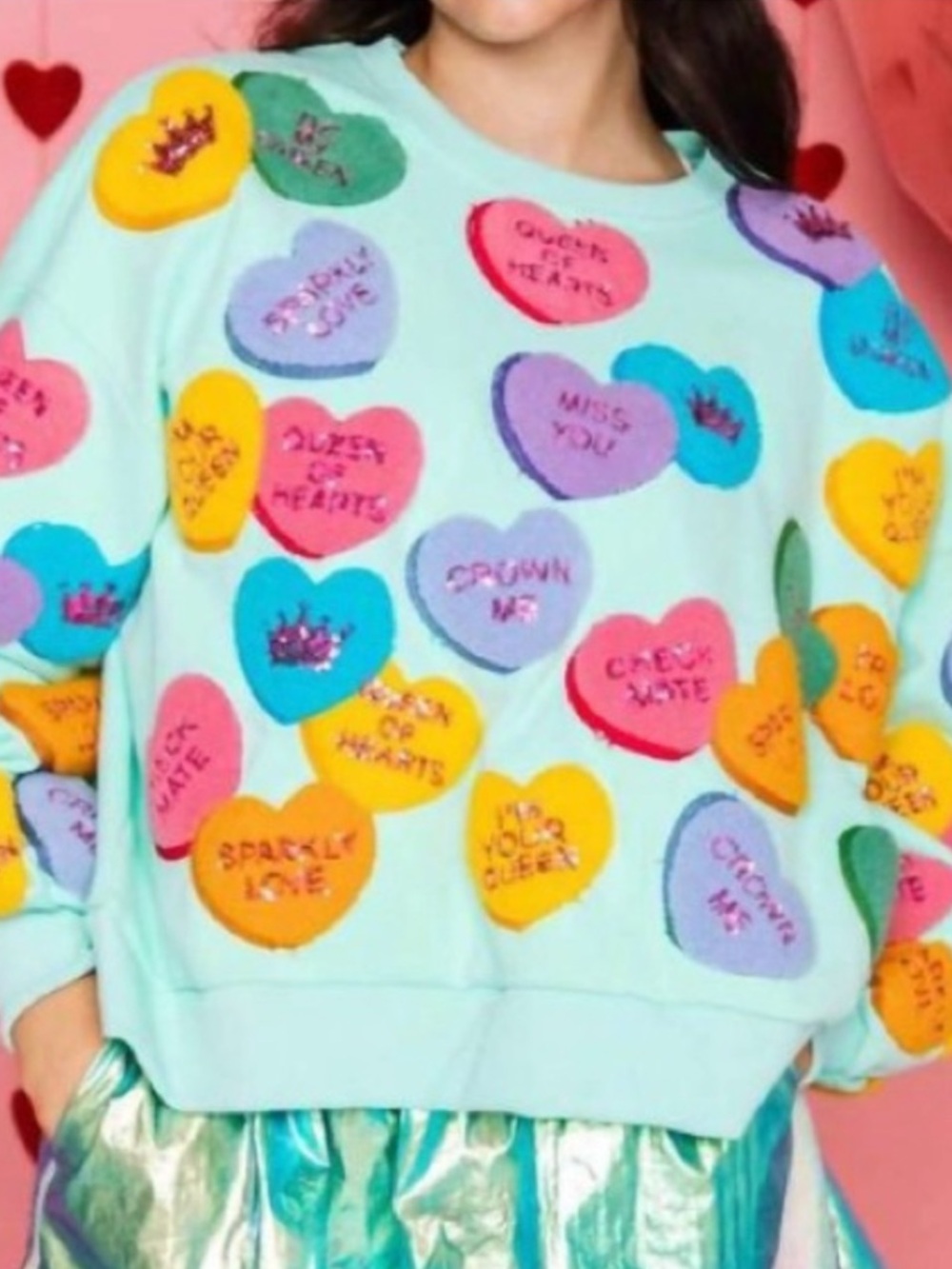 Queen of Hearts Fuzzy Candy Hearts Sweatshirt Mint